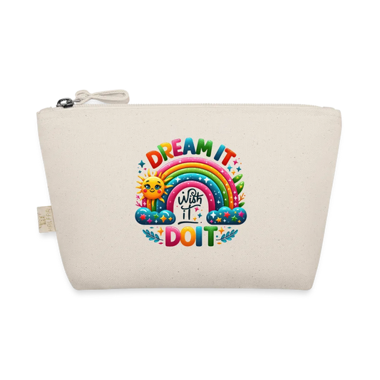 Personalisierte Tasche / Kulturtasche mit Rainbow Regenbogen, Sonne und Sterne und Spruch "Dream it - wish it - do it" - Täschchen für Mädchen und Damen aus Bio Baumwolle - Individualisierung bei Text und Motiv - 250 x 140 x 60 mm - Natur One size