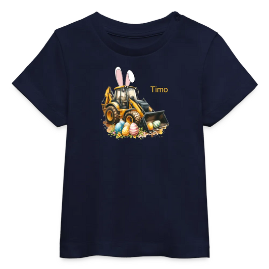 Baby Bio-T-Shirt mit Bagger, Ostereier und Osterhasen Ohren - Jungen Shirt für Ostern - Motiv, Text, Farbe und Produkt einfach änderbar - Navy
