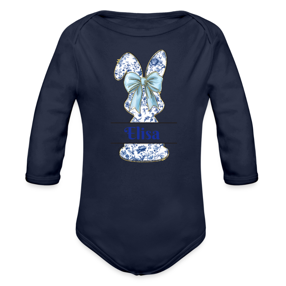 Personalisierter Baby Bio-Langarm-Body für Ostern - süßer Mädchen Osterhase mit Masche in blau - Dunkelnavy