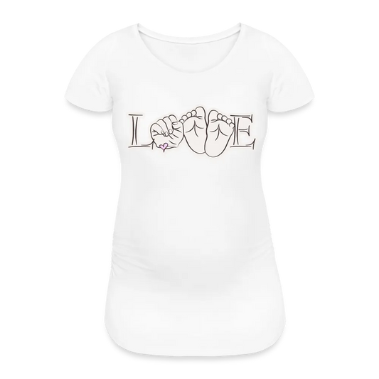 Personalisiertes weißes Schwangerschafts-T-Shirt für Frauen mit Babyfüßchen und Love - Print Shirts für werdende Mama - Motiv und Text individualisierbar - auch in großen Größen für jede Mutter - Weiß