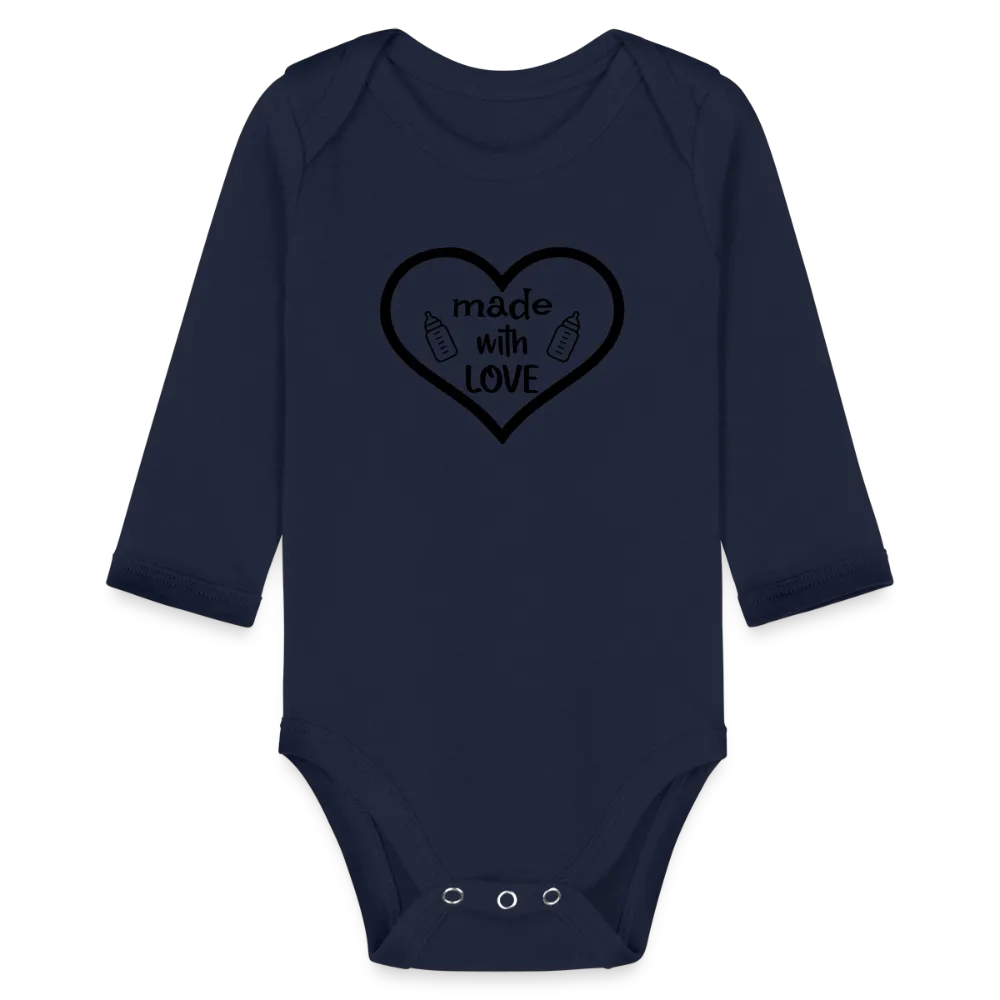 Personalisierter Unisex Baby Bio-Langarm-Body mit Spruch "Made with love" - 100% Bio Baumwolle - bis Größe 80 bzw. 12 Monate - in vielen Farben und Größen - Bild, Motiv und Text sind individualisierbar -