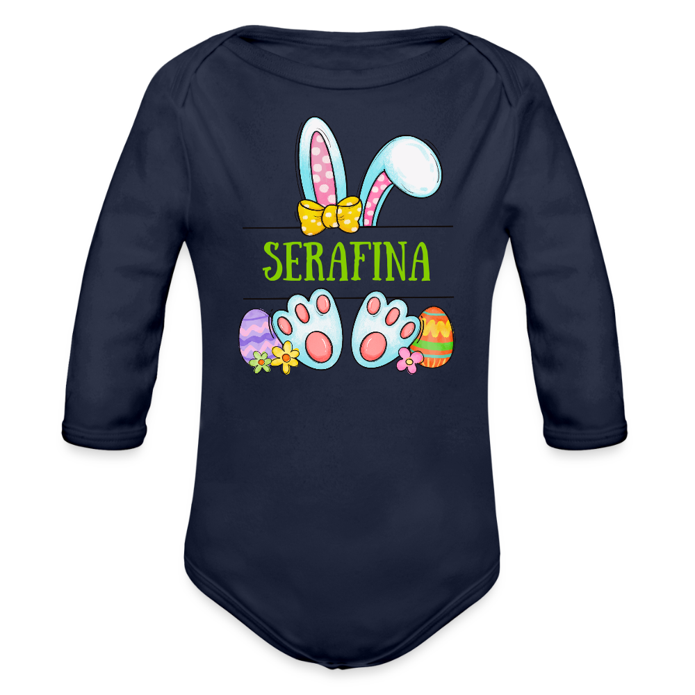 Personalisierter Baby Bio-Langarm-Body mit Oster Motiv für Mädchen - süßer bunter Osterhase mit Name - Dunkelnavy