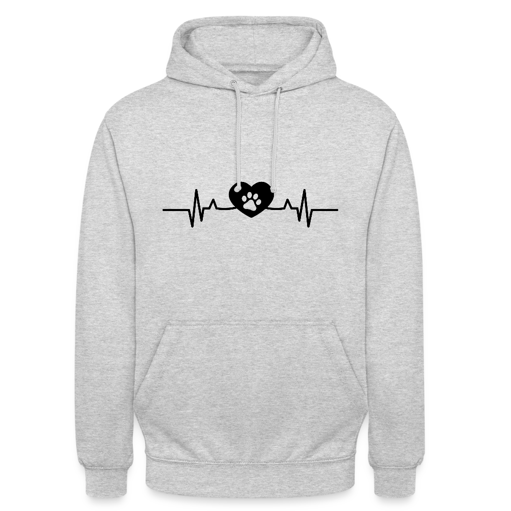 Personalisierter Unisex Hoodie mit Hundepfote in Herz auf Herzschlaglinie - Hearbeat Sweater für Damen und Herren - in vielen Farben und große Größen - Hellgrau meliert