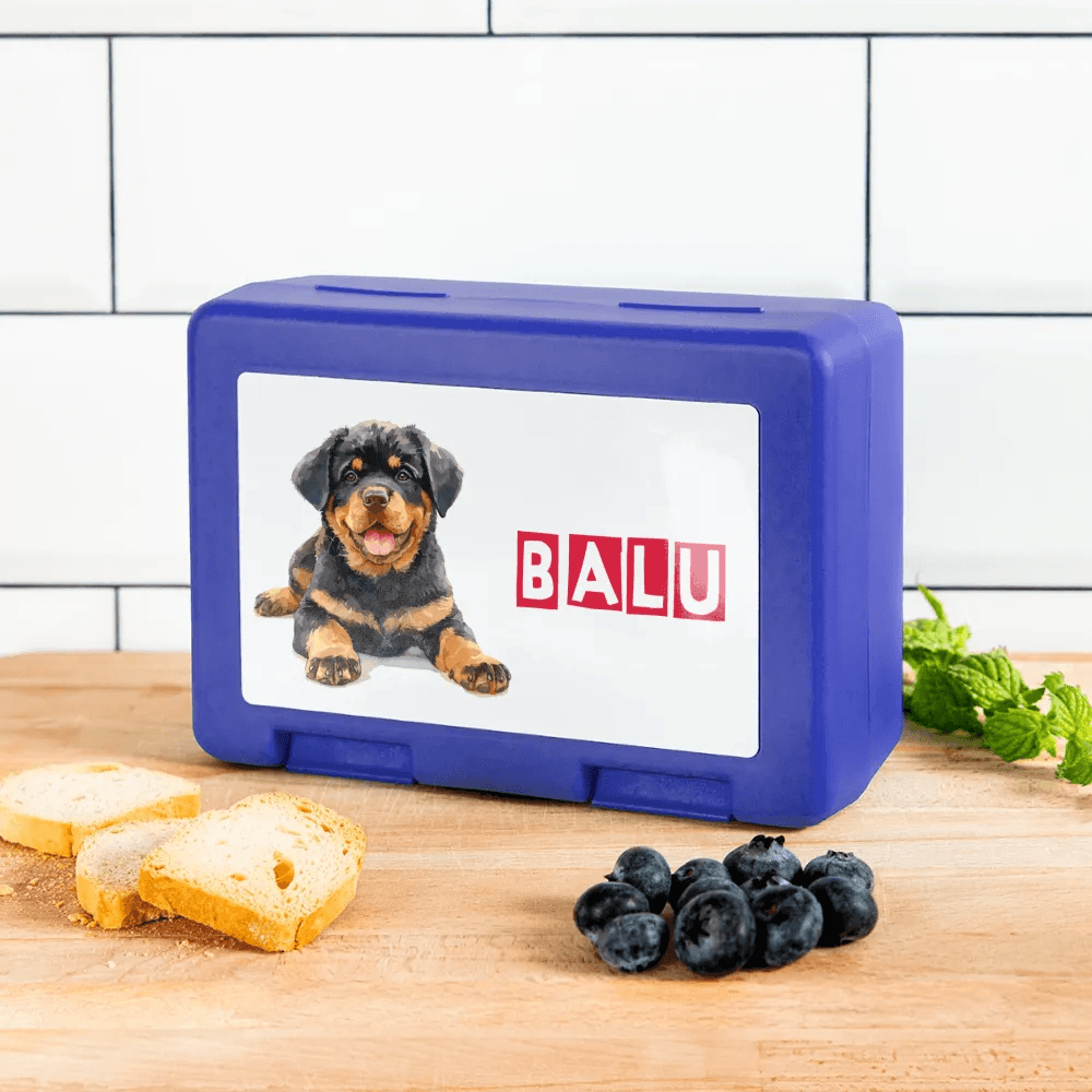Personalisierter Behälter für Hunde Leckerlis - Motiv und Text veränderbar - Bild des eigenen Hundes hochladbar -