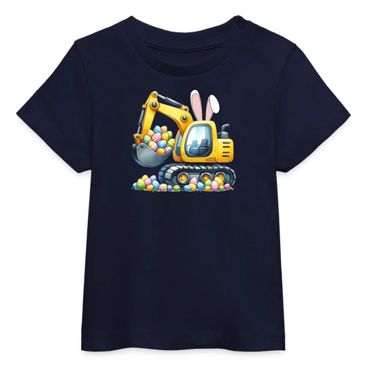 Baby Bio-T-Shirt mit Bagger, Ostereier und Osterhasen Ohren - Jungen Shirt für Ostern - Motiv, Text, Farbe und Produkt einfach änderbar - Navy