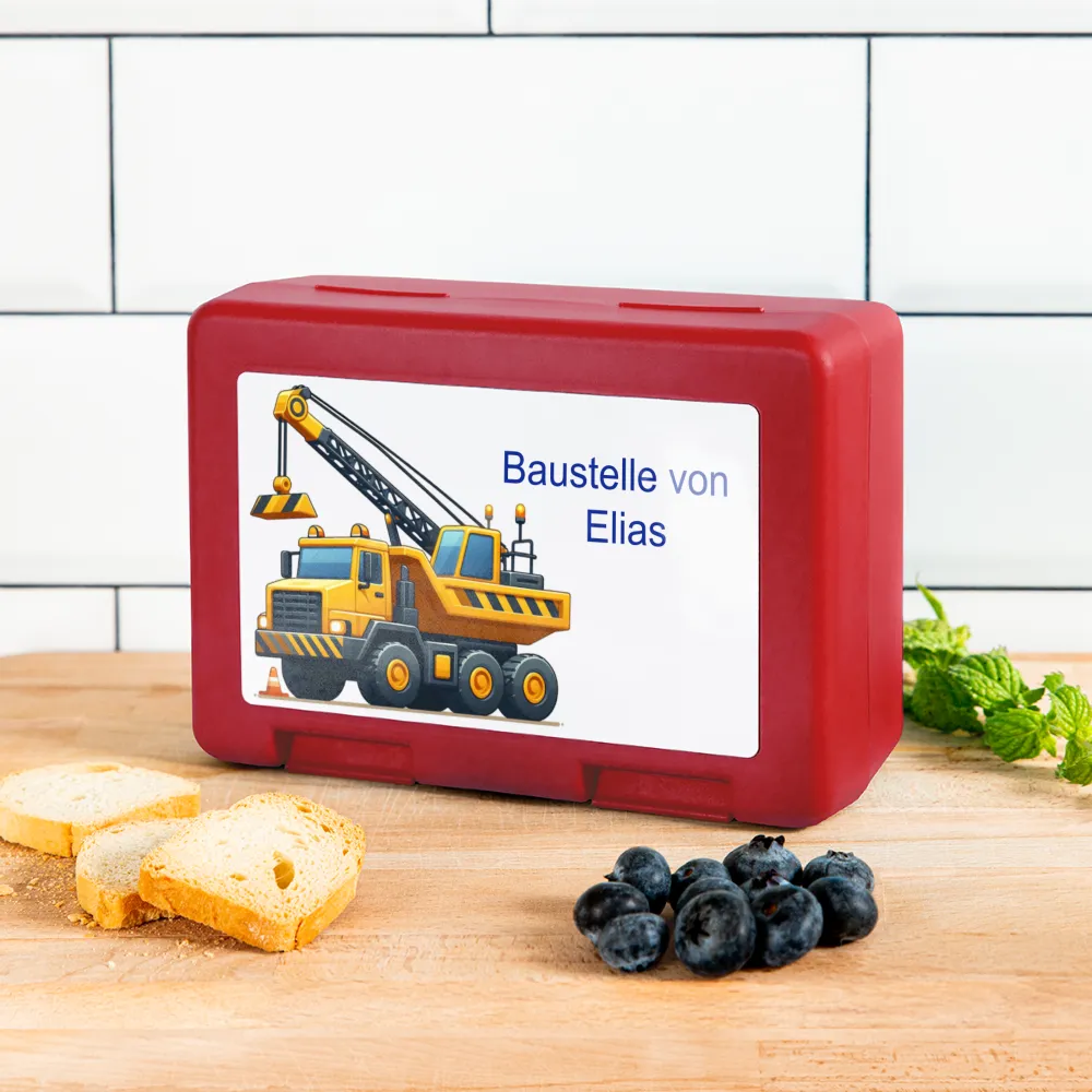 Personalisierte Brotdose in blau mit Baustellenfahrzeuge - Jungen Jausendose - Name und Motiv kann geändert werden -