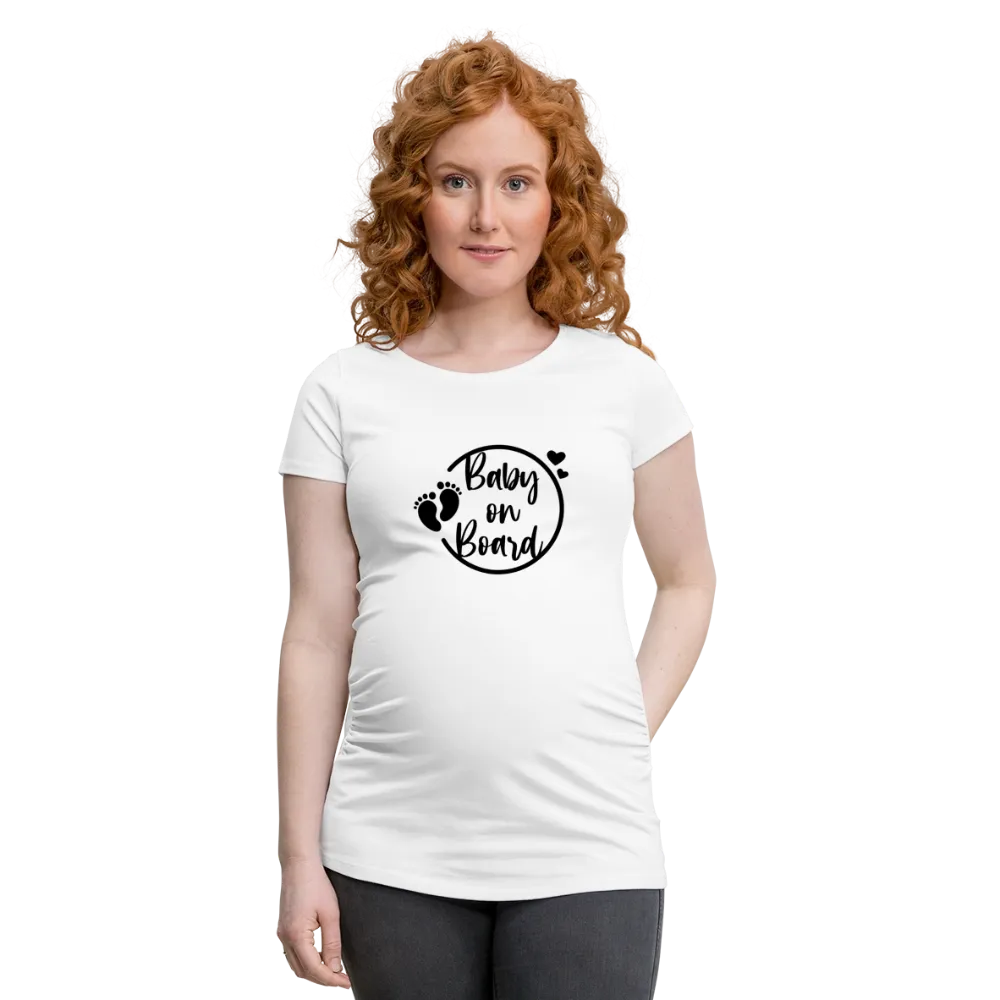 Personalisiertes weißes Schwangerschafts-T-Shirt für Frauen mit Babyfüßchen und "Baby on Board" - Print Shirts für werdende Mama - Motiv und Text individualisierbar - auch in großen Größen für jede Mutter -