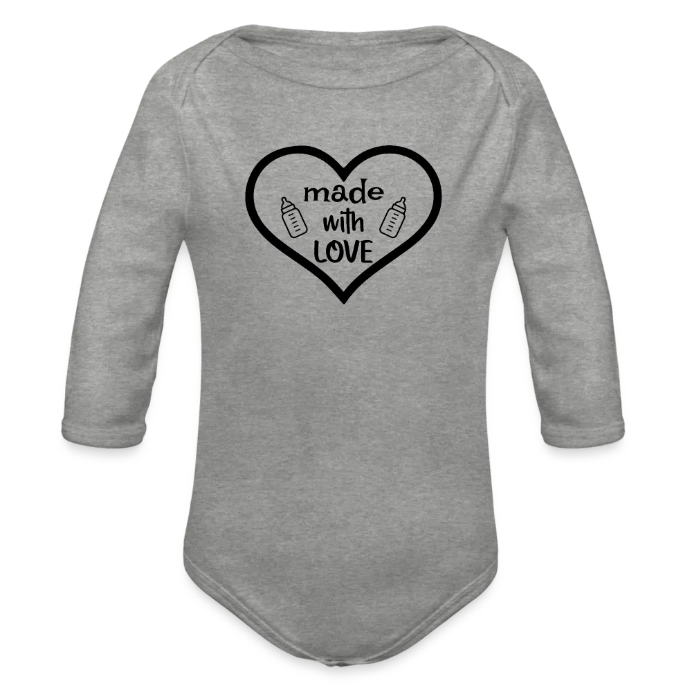 Personalisierter Unisex Baby Bio-Langarm-Body mit Spruch "Made with love" - 100% Bio Baumwolle - bis Größe 80 bzw. 12 Monate - in vielen Farben und Größen - Bild, Motiv und Text sind individualisierbar - Grau meliert