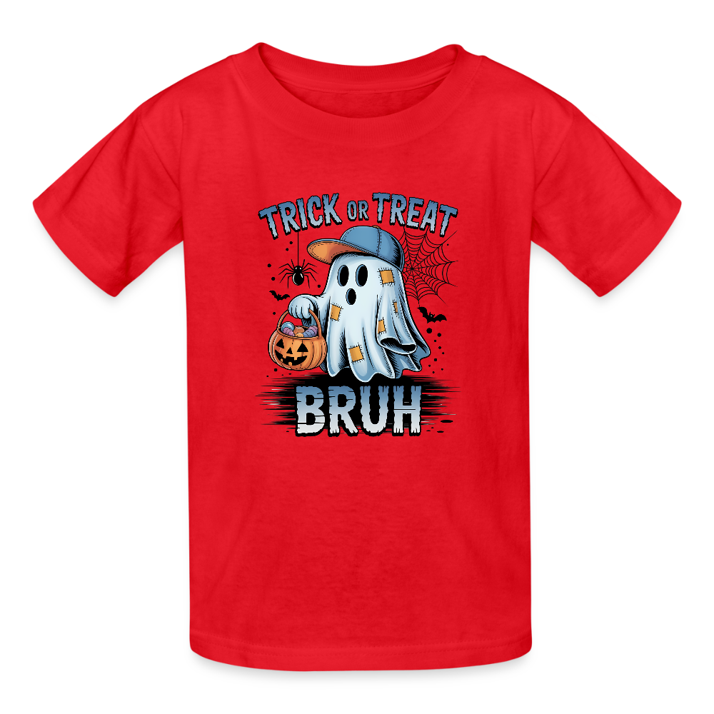 Personalisierbares Jungen T-Shirt für Halloween - Geist mit Kürbis Laterne und Kappe - Trick or Treat - Motiv kann auf jedes Kurzarm- oder Langarm-Shirt gedruckt werden - auch für Erwachsene - viele weitere Farben und Größen - hier 3 bis 12 Jahre - Rot