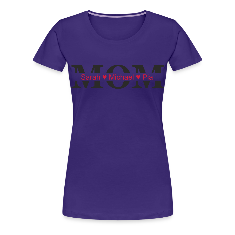 Personalisiertes Frauen Premium T-Shirt mit MOM und Namen der Kinder und Herz - Motiv und Text adaptierbar - Lila