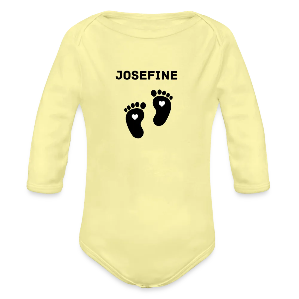Personalisierter Unisex Baby Bio-Langarm-Body mit variablen Namen - 100% Bio Baumwolle - bis Größe 80 bzw. 12 Monate - in vielen Farben und Größen - Bild, Motiv und Text sind individualisierbar - Hellgelb
