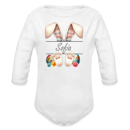 Personalisierter Baby Bio-Langarm-Body für Ostern - Frohe Ostern Body mit Osterhasen Ohren, Ostereier und Name - niedlicher Print für Mädchen - Name, Motiv und Produkt sind leicht änderbar - in vielen Farben und Größen bis Größe 80 bzw. 12 Monate - Weiß