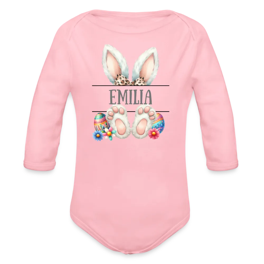 Personalisierter Baby Bio-Langarm-Body für Ostern - Frohe Ostern Body mit Osterhasen Ohren, Ostereier und Name - niedlicher Print für Mädchen - Name, Motiv und Produkt sind leicht änderbar - in vielen Farben und Größen bis Größe 80 bzw. 12 Monate - Hellrosa