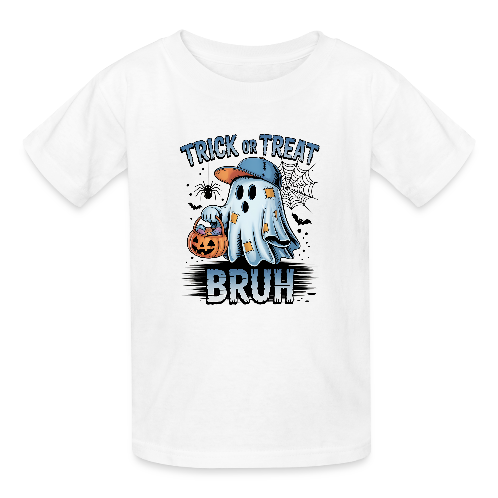 Personalisierbares Jungen T-Shirt für Halloween - Geist mit Kürbis Laterne und Kappe - Trick or Treat - Motiv kann auf jedes Kurzarm- oder Langarm-Shirt gedruckt werden - auch für Erwachsene - viele weitere Farben und Größen - hier 3 bis 12 Jahre - Weiß