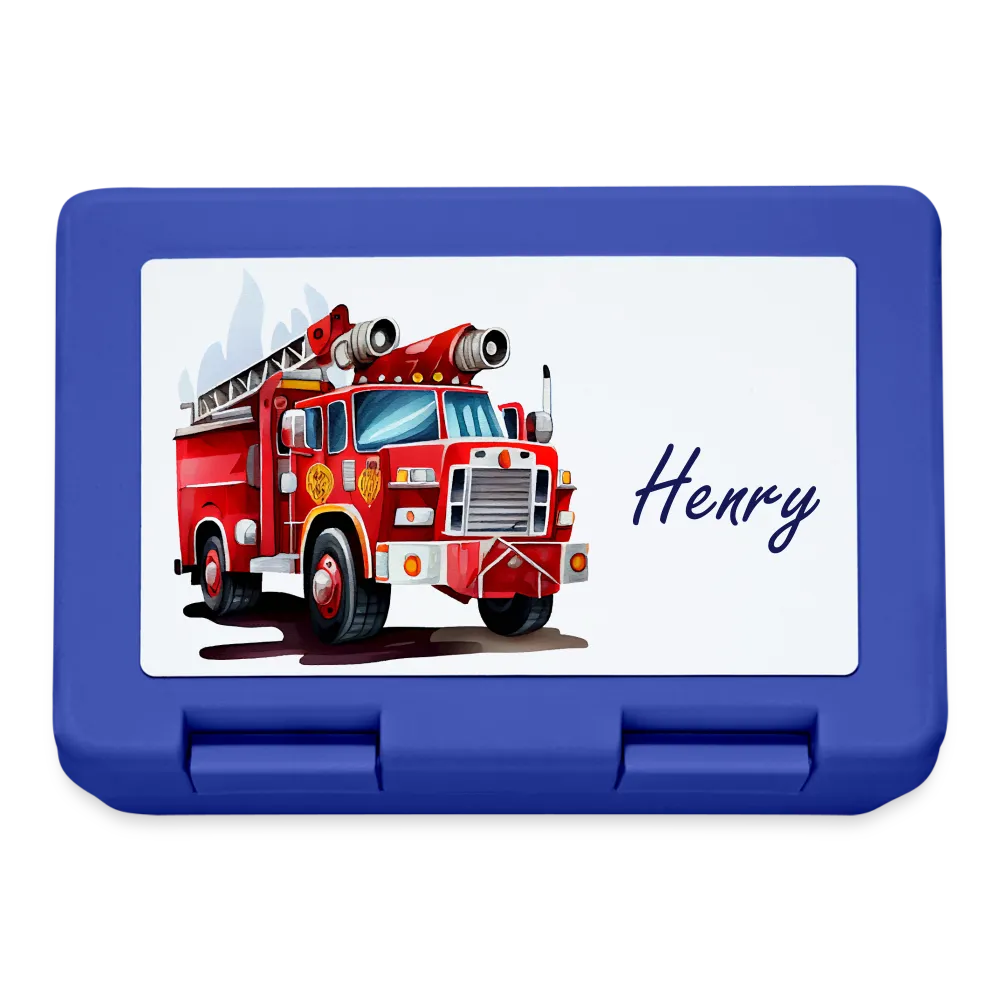 Personalisierte Brotdose mit Namen und Feuerwehr Fahrzeuge in blau - coole Jausendose mit personalisierbarem Motiv - Name und Motiv kann geändert werden - in verschiedenen Farben - Royalblau One size