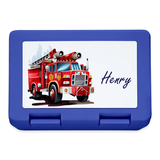 Personalisierte Brotdose mit Namen und Feuerwehr Fahrzeuge in blau - coole Jausendose mit personalisierbarem Motiv - Name und Motiv kann geändert werden - in verschiedenen Farben - Royalblau One size