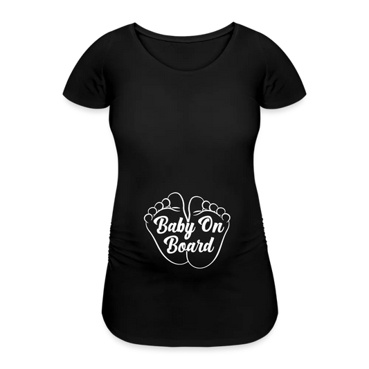 Personalisiertes schwarzes Schwangerschaft T-Shirt für Frauen mit Babyfüßen und lustigem Spruch "Baby on Board" - Print Shirt für werdende Mama in vielen Größen - Motiv und Text änderbar - Schwarz