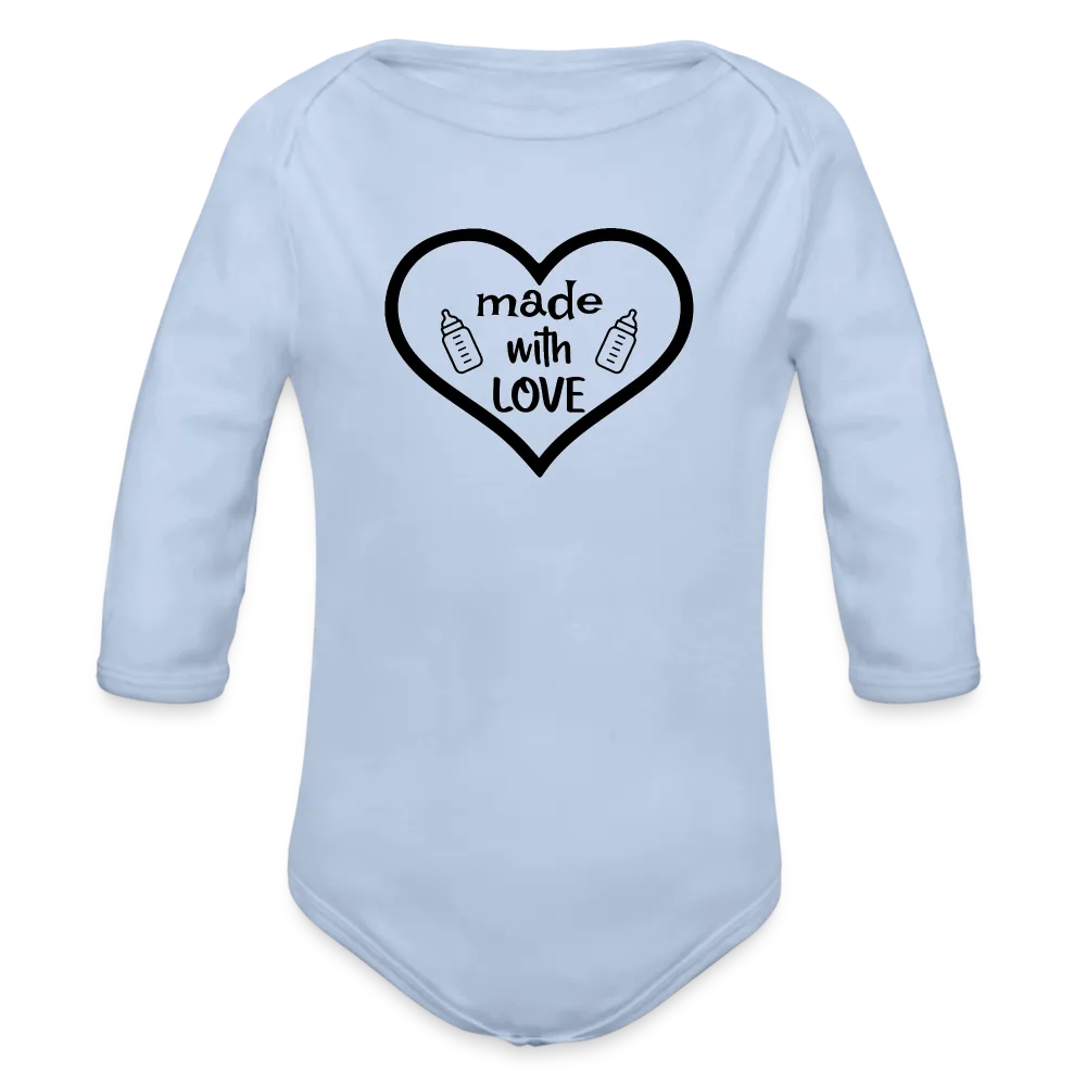 Personalisierter Unisex Baby Bio-Langarm-Body mit Spruch "Made with love" - 100% Bio Baumwolle - bis Größe 80 bzw. 12 Monate - in vielen Farben und Größen - Bild, Motiv und Text sind individualisierbar - Sky