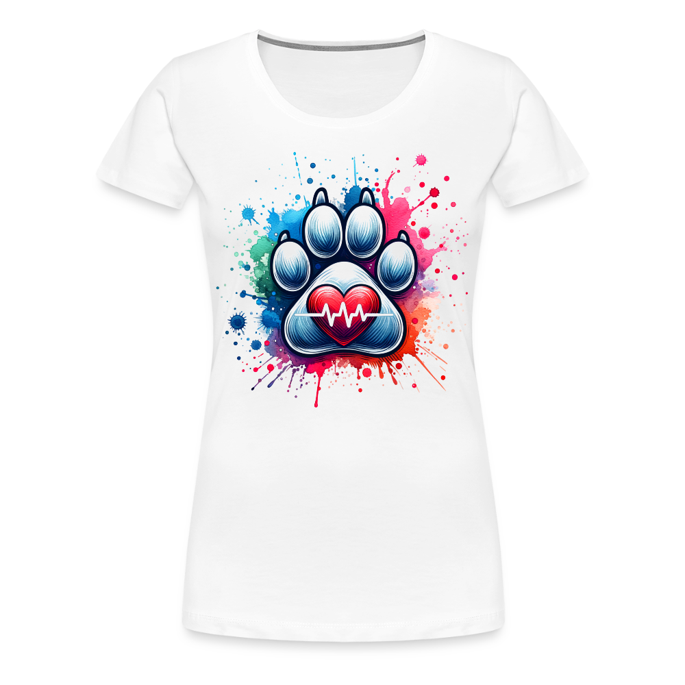 Personalisiertes Frauen Premium T-Shirt mit Hundepfote, Herz und Herzschlag Linie - Motiv und Text anpassbar - viele Farben und Größen - Weiß