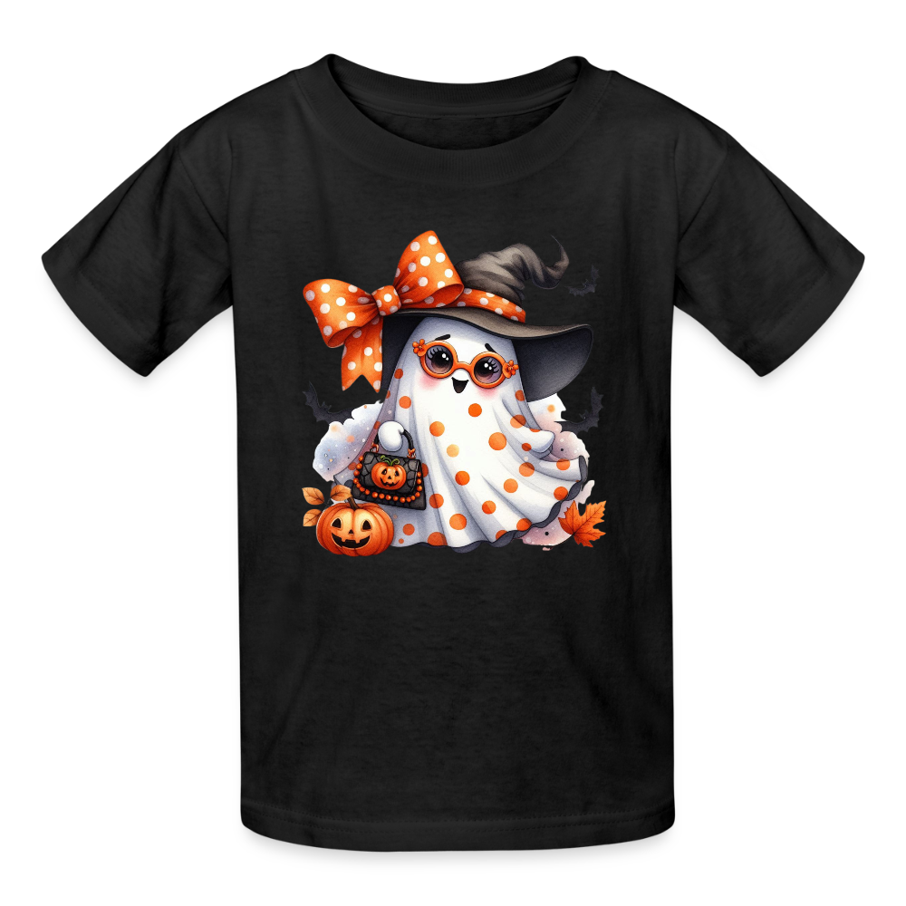 Personalisierbares Mädchen T-Shirt für Halloween - süßer Geist mit Dots, Brille, Masche Hut und Kürbis - Motiv kann auf jedes Kurzarm- oder Langarm-Shirt gedruckt werden - auch für Erwachsene - viele weitere Farben und Größen - hier 3 bis 12 Jahre - Schwarz