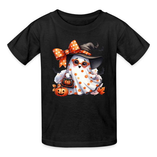 Personalisierbares Mädchen T-Shirt für Halloween - süßer Geist mit Dots, Brille, Masche Hut und Kürbis - Motiv kann auf jedes Kurzarm- oder Langarm-Shirt gedruckt werden - auch für Erwachsene - viele weitere Farben und Größen - hier 3 bis 12 Jahre - Schwarz