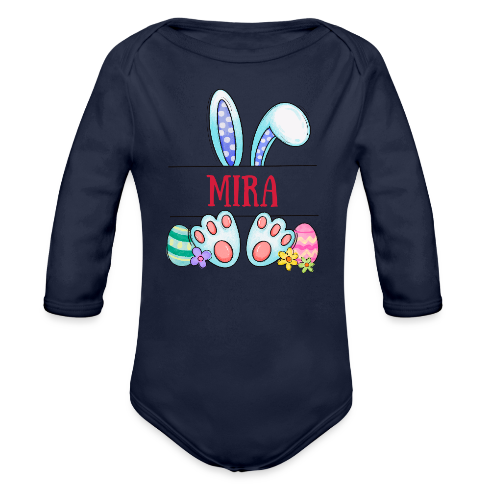 Personalisierter Baby Bio-Langarm-Body für Mädchen - süßer bunter Osterhase Ostereier und Blumen mit Name zum Eintragen - Dunkelnavy