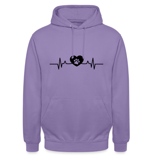 Personalisierter Unisex Hoodie mit Hundepfote in Herz auf Herzschlaglinie - Hearbeat Sweater für Damen und Herren - in vielen Farben und große Größen - Lavendel