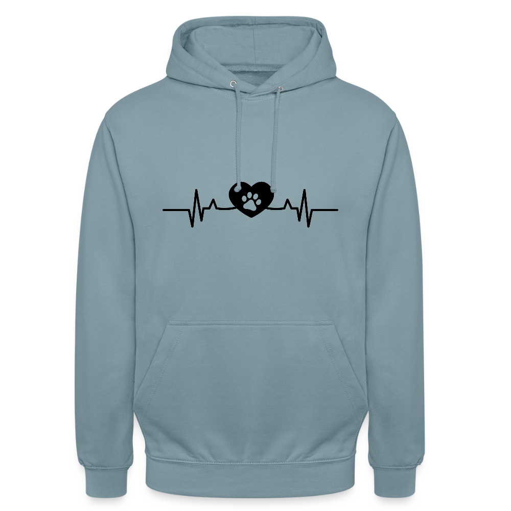 Personalisierter Unisex Hoodie mit Hundepfote in Herz auf Herzschlaglinie - Hearbeat Sweater für Damen und Herren - in vielen Farben und große Größen - Nebelblau
