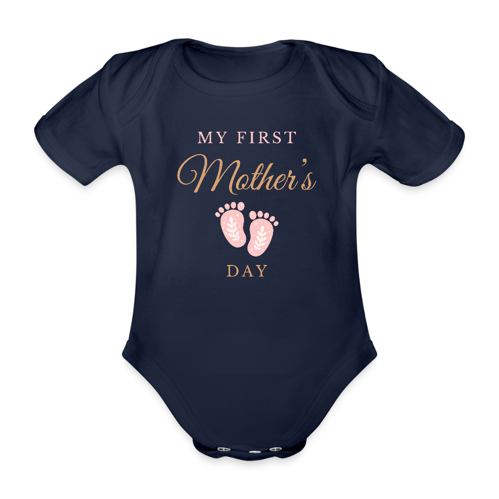 Personalisierter Baby Bio-Kurzarm-Body für Mädchen in rosa - My first Mothers Day - in vielen Farben und Größen - Motiv und Text easy anpassbar - Dunkelnavy