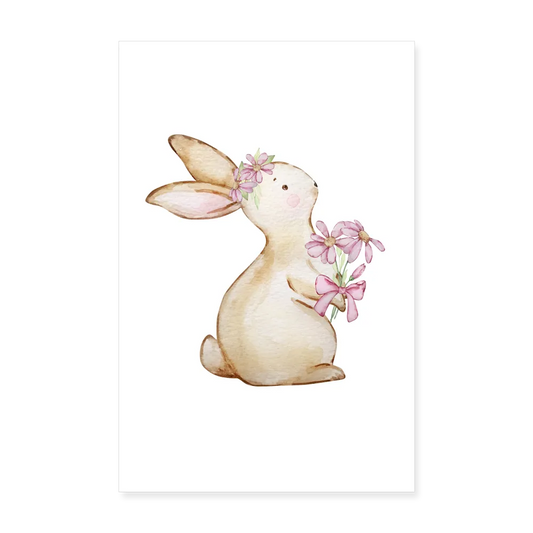 Personalisiertes Frohe Ostern Poster für das Kinderzimmer - niedlicher Hase mit Blumen - süßer Mädchen Oster Bunny - 20x30 cm - Motiv, Produkt, Text und eigene Bilder easy anpassbar (bis Größe 140 bzw. 8 Jahre) - Weiß One size