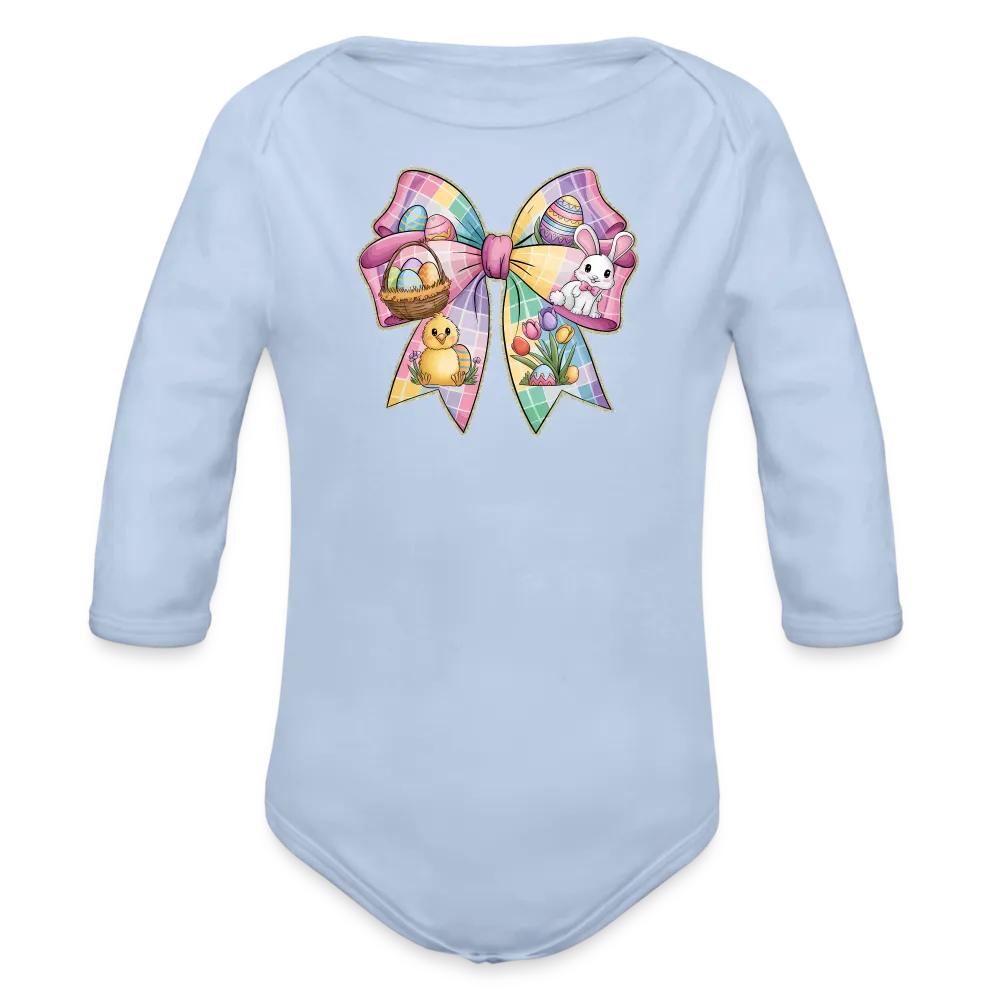 Personalisierter Baby Bio-Langarm-Body für Ostern - Frohe Ostern Body mit Osterhase, Ostereier, Tulpen und Küken auf einer Masche - Motiv, Produkt, Text und eigenes Foto ist easy änderbar - in vielen Farben und Größen bis Größe 80 bzw. 12 Monate - Sky