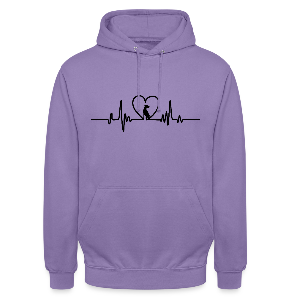 Personalisierter Unisex Hoodie mit Hund in Herz auf Herzlinie - Sweater für Frauen und Männer - viele Farben und Größen - Text und Motiv anpassbar - Lavendel