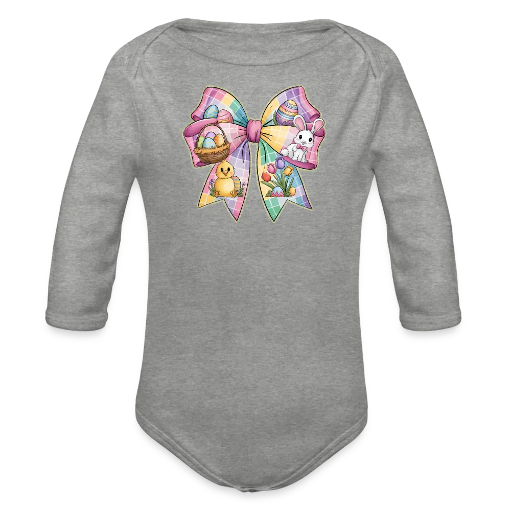 Personalisierter Baby Bio-Langarm-Body für Ostern - Frohe Ostern Body mit Osterhase, Ostereier, Tulpen und Küken auf einer Masche - Motiv, Produkt, Text und eigenes Foto ist easy änderbar - in vielen Farben und Größen bis Größe 80 bzw. 12 Monate - Grau meliert