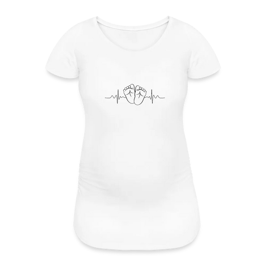 Personalisiertes weißes Schwangerschafts-T-Shirt für Frauen mit Babyfüßchen und Herzschlag - Print Shirts für werdende Mama - Motiv und Text individualisierbar - auch in großen Größen für jede Mutter - Weiß