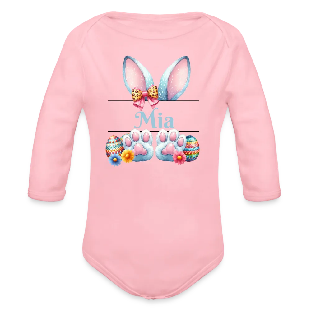 Personalisierter Baby Bio-Langarm-Body für Ostern - Frohe Ostern Body mit Osterhasen Ohren, Ostereier und Name - niedlicher Print für Mädchen - Name, Motiv und Produkt sind leicht änderbar - in vielen Farben und Größen bis Größe 80 bzw. 12 Monate - Hellrosa