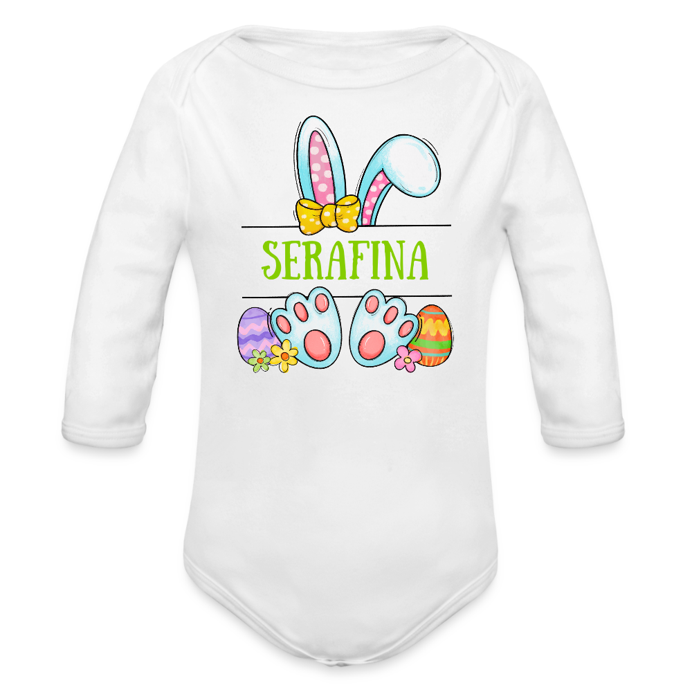 Personalisierter Baby Bio-Langarm-Body mit Oster Motiv für Mädchen - süßer bunter Osterhase mit Name - Weiß