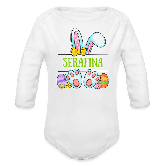 Personalisierter Baby Bio-Langarm-Body mit Oster Motiv für Mädchen - süßer bunter Osterhase mit Name - Weiß