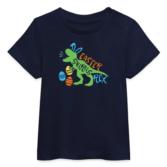 Baby Bio-T-Shirt mit Dinosaurier, Ostereier und Osterhasen Ohren - Jungen Shirt für Ostern mit Spruch "Easter Saurus Rex" - Motiv, Text, Farbe und Produkt einfach änderbar - Navy