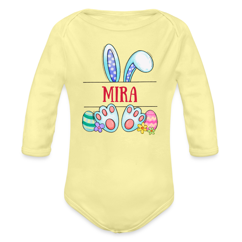 Personalisierter Baby Bio-Langarm-Body für Mädchen - süßer bunter Osterhase Ostereier und Blumen mit Name zum Eintragen - Hellgelb