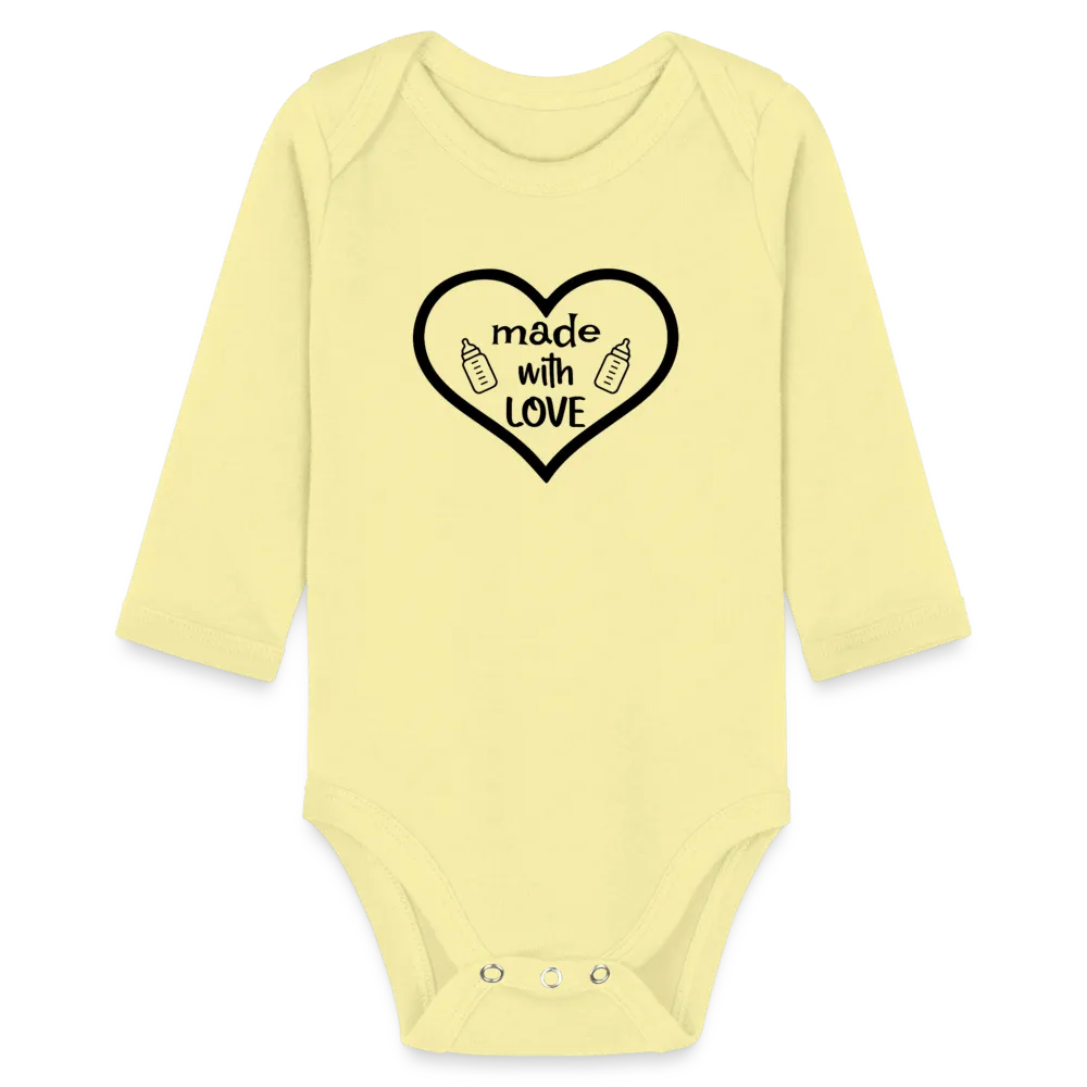Personalisierter Unisex Baby Bio-Langarm-Body mit Spruch "Made with love" - 100% Bio Baumwolle - bis Größe 80 bzw. 12 Monate - in vielen Farben und Größen - Bild, Motiv und Text sind individualisierbar -