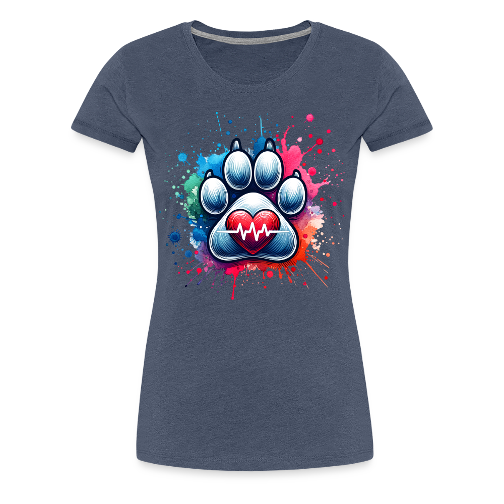 Personalisiertes Frauen Premium T-Shirt mit Hundepfote, Herz und Herzschlag Linie - Motiv und Text anpassbar - viele Farben und Größen - Blau meliert