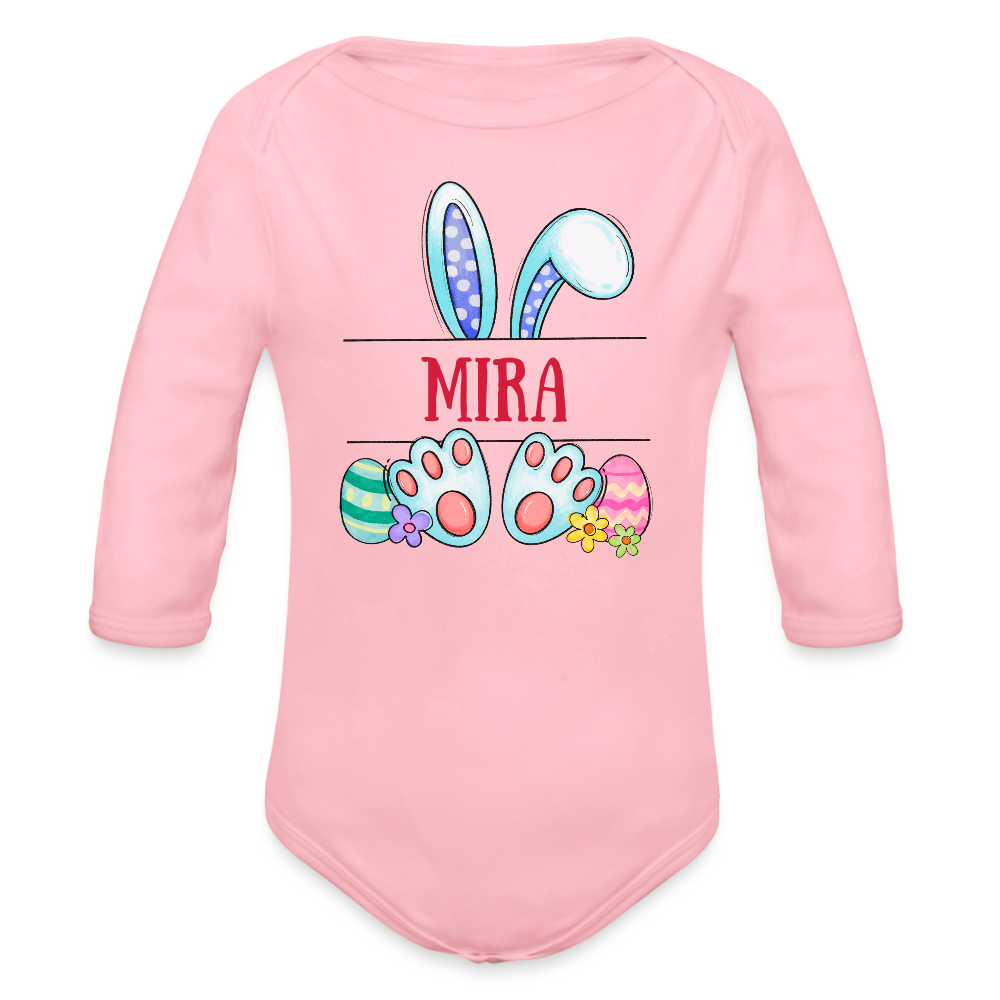Personalisierter Baby Bio-Langarm-Body für Mädchen - süßer bunter Osterhase Ostereier und Blumen mit Name zum Eintragen - Hellrosa