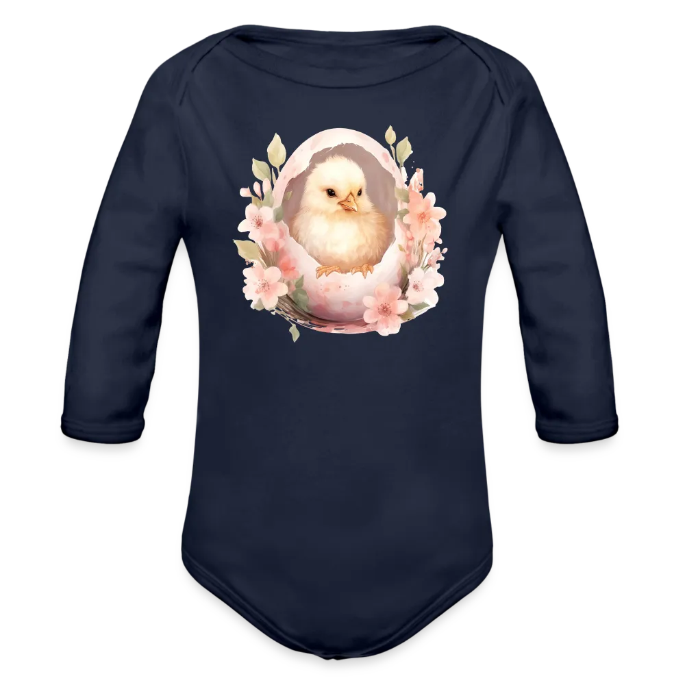 Personalisierter Baby Bio-Langarm-Body für Ostern - niedliches Küken in der Eierschale - Motiv, Produkt, Text und eigenes Foto ist easy änderbar - in vielen Farben und Größen bis Größe 80 bzw. 12 Monate - Dunkelnavy