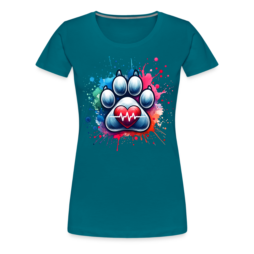 Personalisiertes Frauen Premium T-Shirt mit Hundepfote, Herz und Herzschlag Linie - Motiv und Text anpassbar - viele Farben und Größen - Divablau