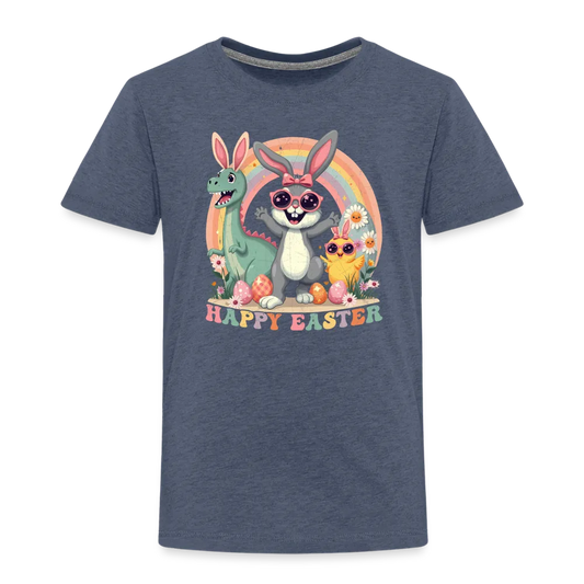 Personalisiertes Retro Frohe Ostern Kinder T-Shirt mit Osterhase Dinosaurier und Küken mit Ostereier und Spruch "Happy Easter" - Motiv, Produkt, Text und eigene Bilder easy anpassbar - viele Farben und Größen (bis Größe 140 bzw. 8 Jahre) - Blau meliert