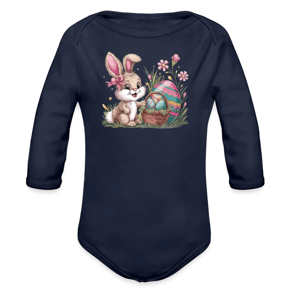 happy-prints.eu - Personalisierter Baby Bio-Langarm-Body für Ostern - Frohe Ostern Body mit Osterhase, Ostereier und Blumen - niedlicher Hase für Mädchen - Motiv, Produkt, Text und eigenes Foto ist easy einsetzbar - in vielen Farben und Größen bis Größe 80 bzw. 12 Monate