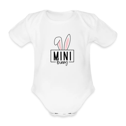 Personalisierter Baby Bio-Kurzarm-Body für Mädchen mit Osterhasen Ohren und "Mini Bunny" für Ostern - in vielen Farben und Größen - Motiv und Text individualisierbar - Weiß