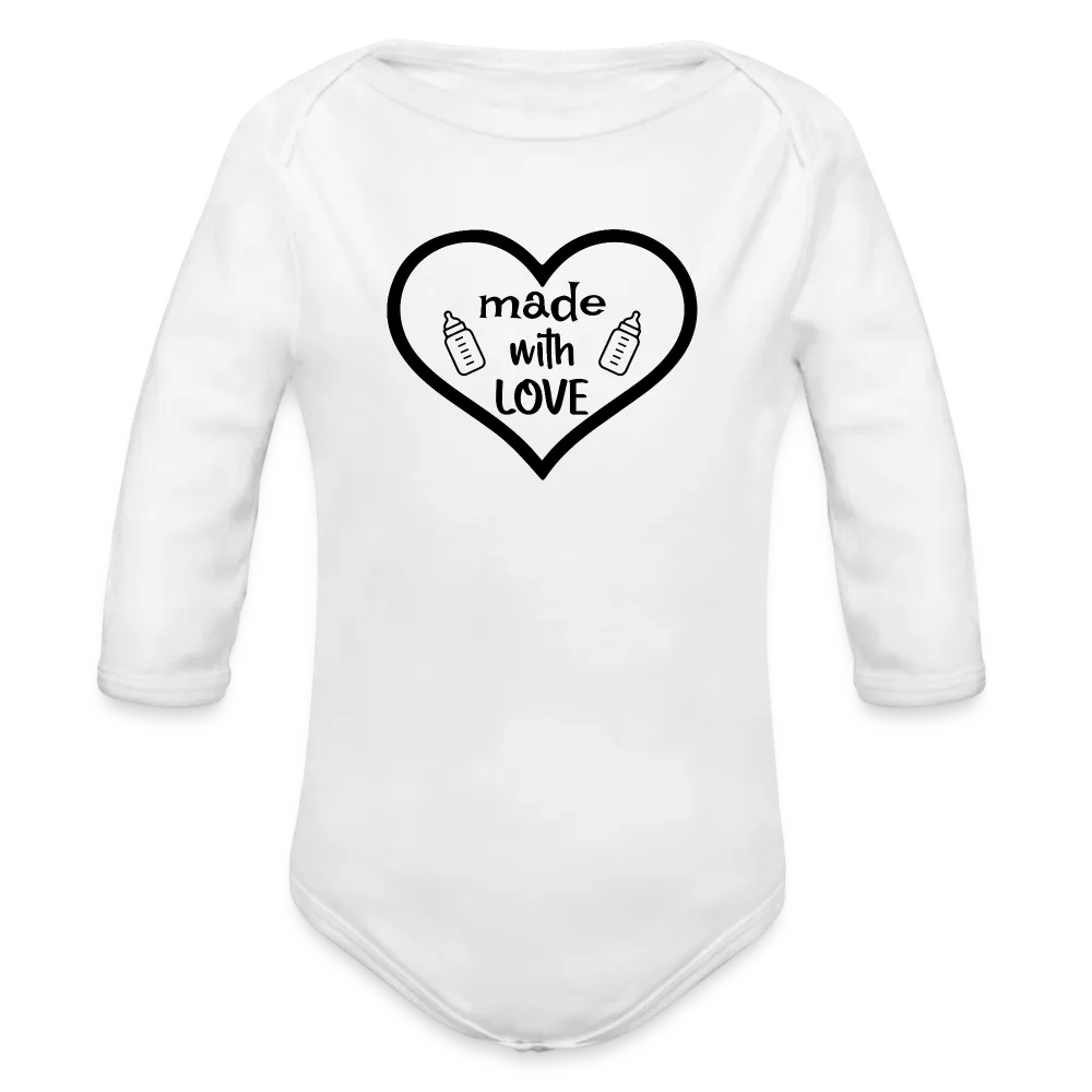 Personalisierter Unisex Baby Bio-Langarm-Body mit Spruch "Made with love" - 100% Bio Baumwolle - bis Größe 80 bzw. 12 Monate - in vielen Farben und Größen - Bild, Motiv und Text sind individualisierbar - Weiß