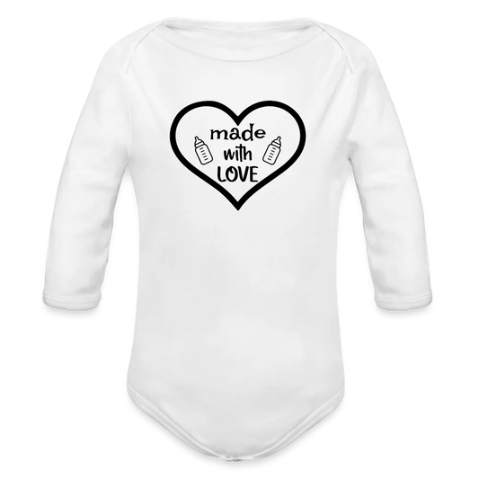 Personalisierter Unisex Baby Bio-Langarm-Body mit Spruch "Made with love" - 100% Bio Baumwolle - bis Größe 80 bzw. 12 Monate - in vielen Farben und Größen - Bild, Motiv und Text sind individualisierbar - Weiß