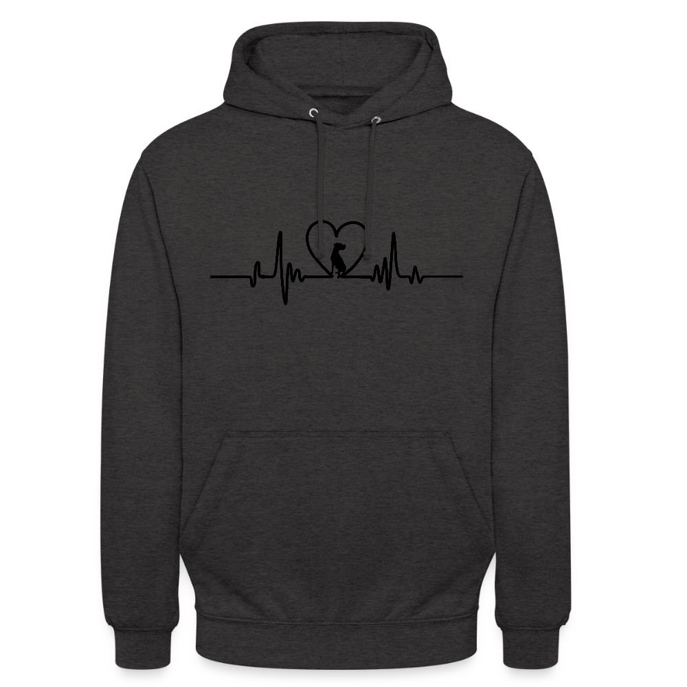 Personalisierter Unisex Hoodie mit Hund in Herz auf Herzlinie - Sweater für Frauen und Männer - viele Farben und Größen - Text und Motiv anpassbar - Anthrazit